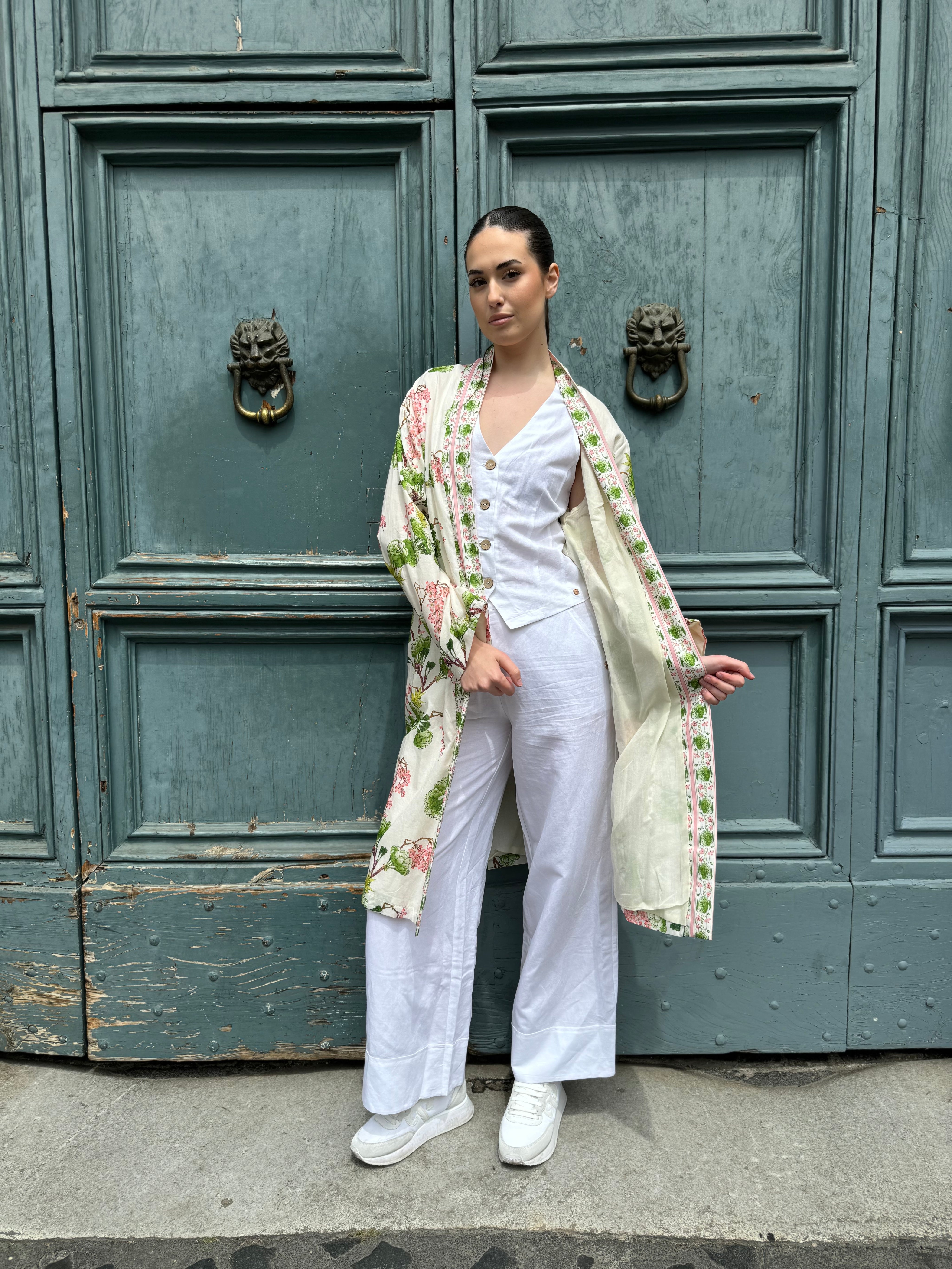 WU-SIDE - kimono fantasia mussola cotone - BURRO VERDE