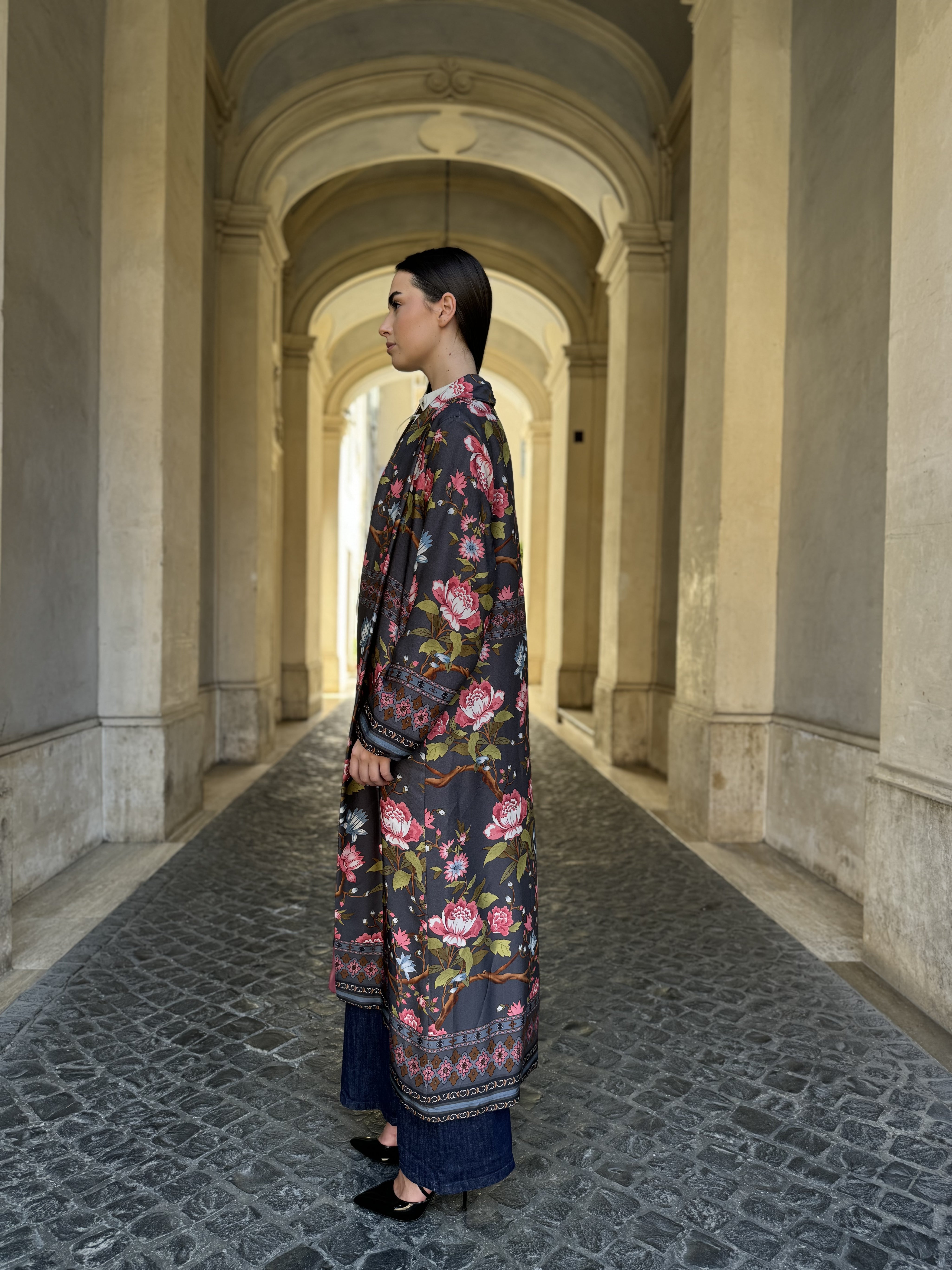 WU-SIDE - kimono lungo fantasia - GRIGIO