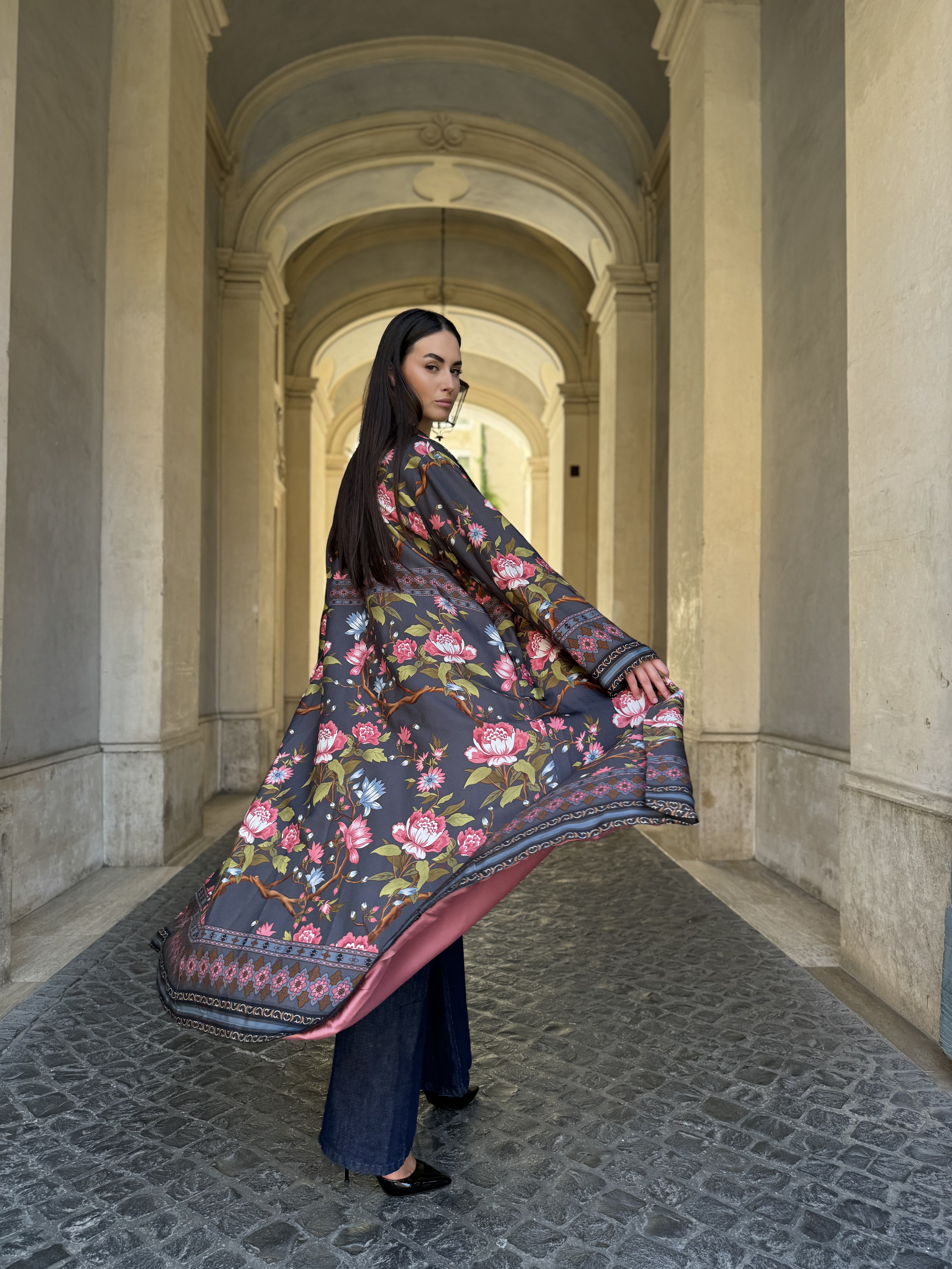 WU-SIDE - kimono lungo fantasia - GRIGIO