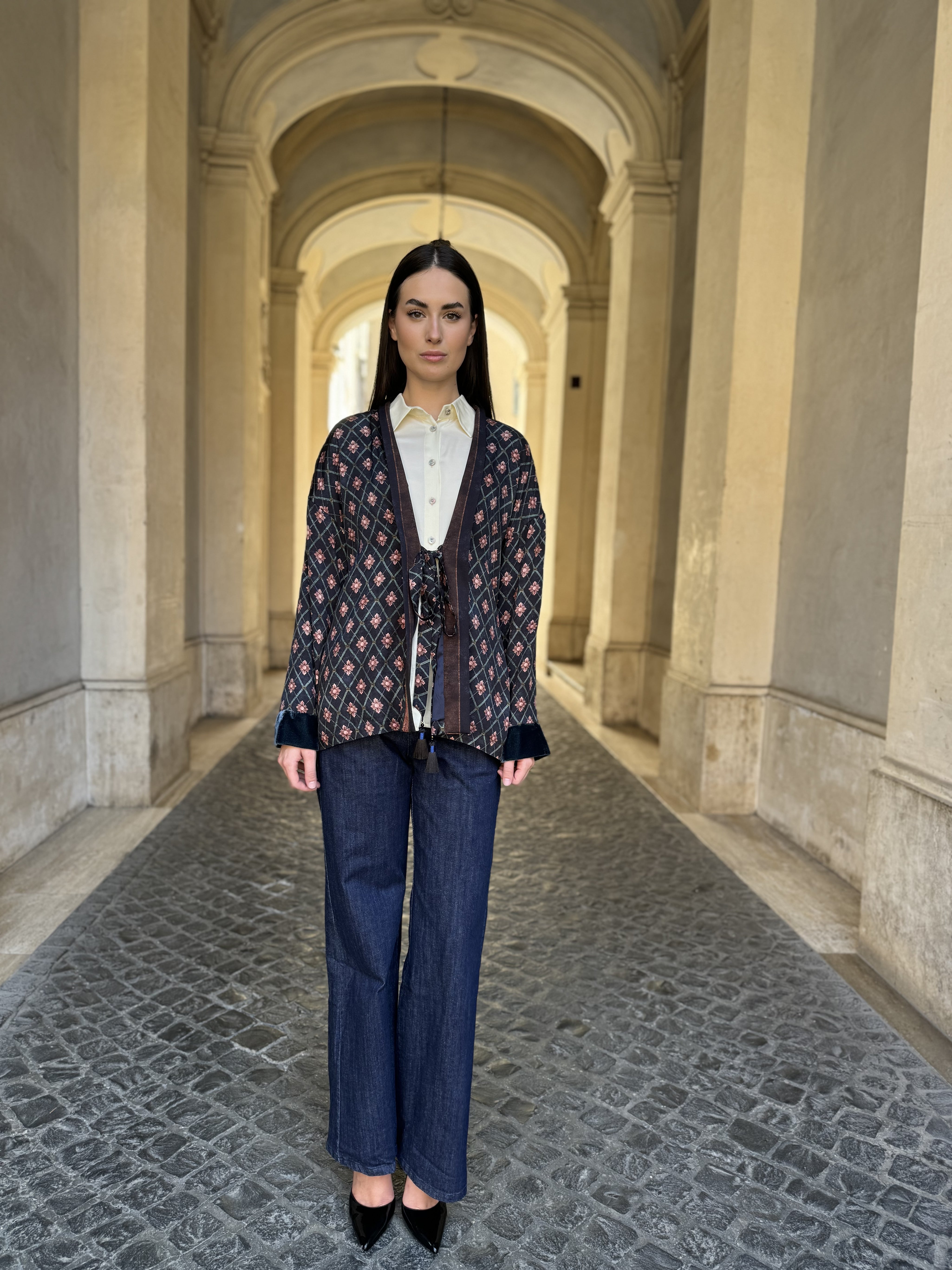 WU-SIDE - giacca kimono fantasia inserto velluto - BLUE