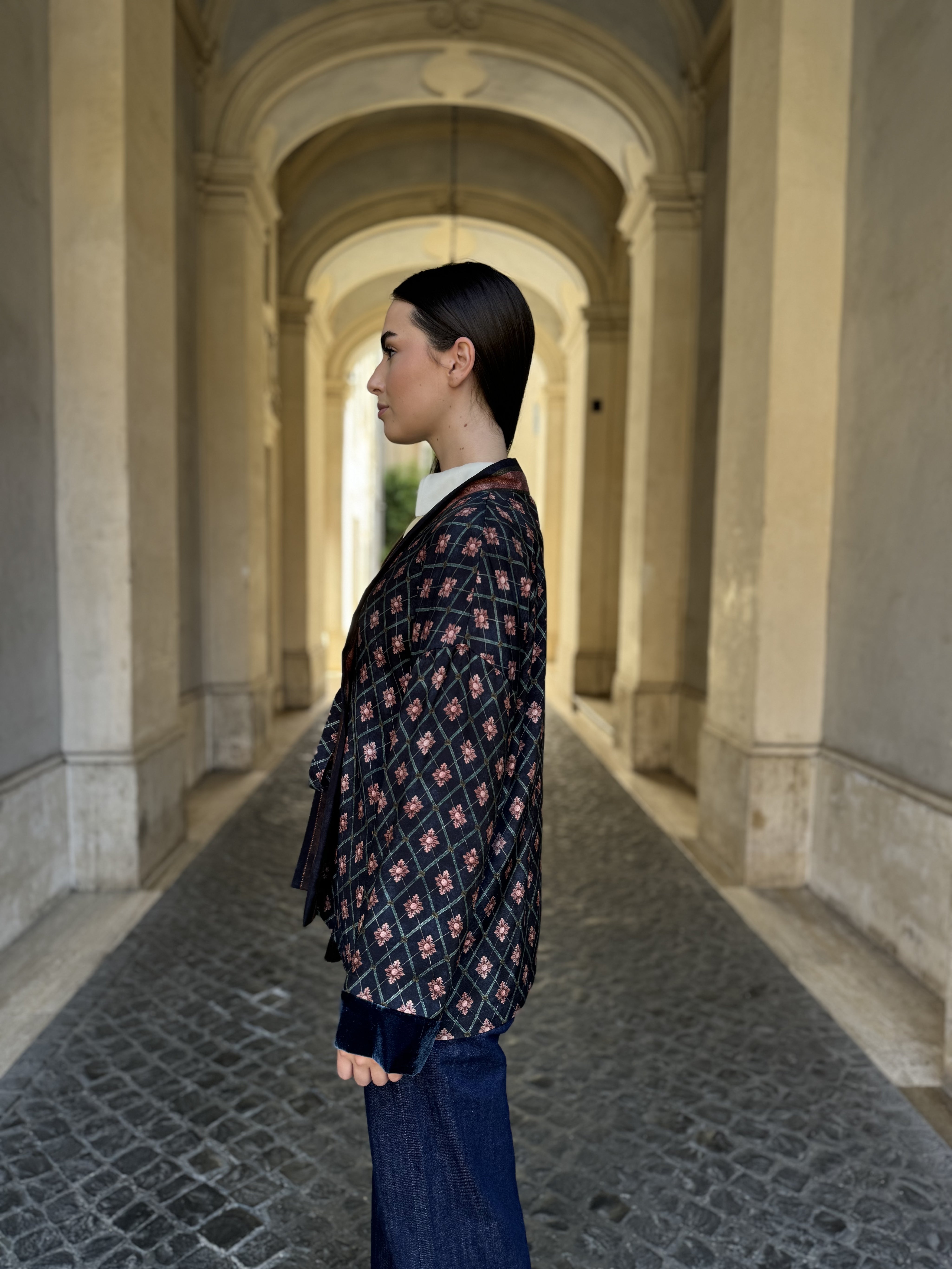 WU-SIDE - giacca kimono fantasia inserto velluto - BLUE