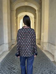 WU-SIDE - giacca kimono fantasia inserto velluto - BLUE