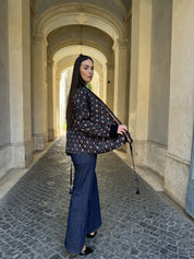 WU-SIDE - giacca kimono fantasia inserto velluto - BLUE