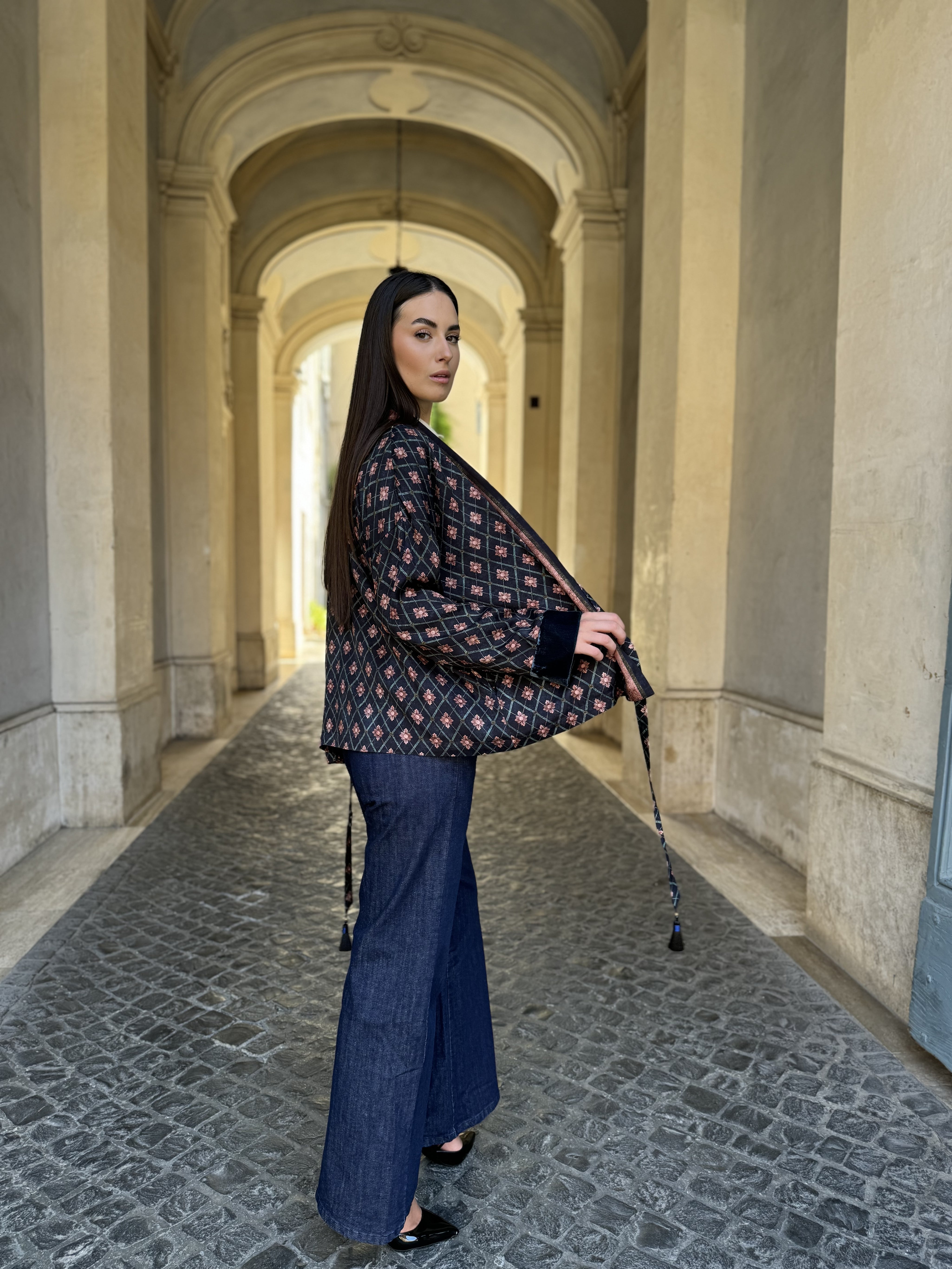 WU-SIDE - giacca kimono fantasia inserto velluto - BLUE