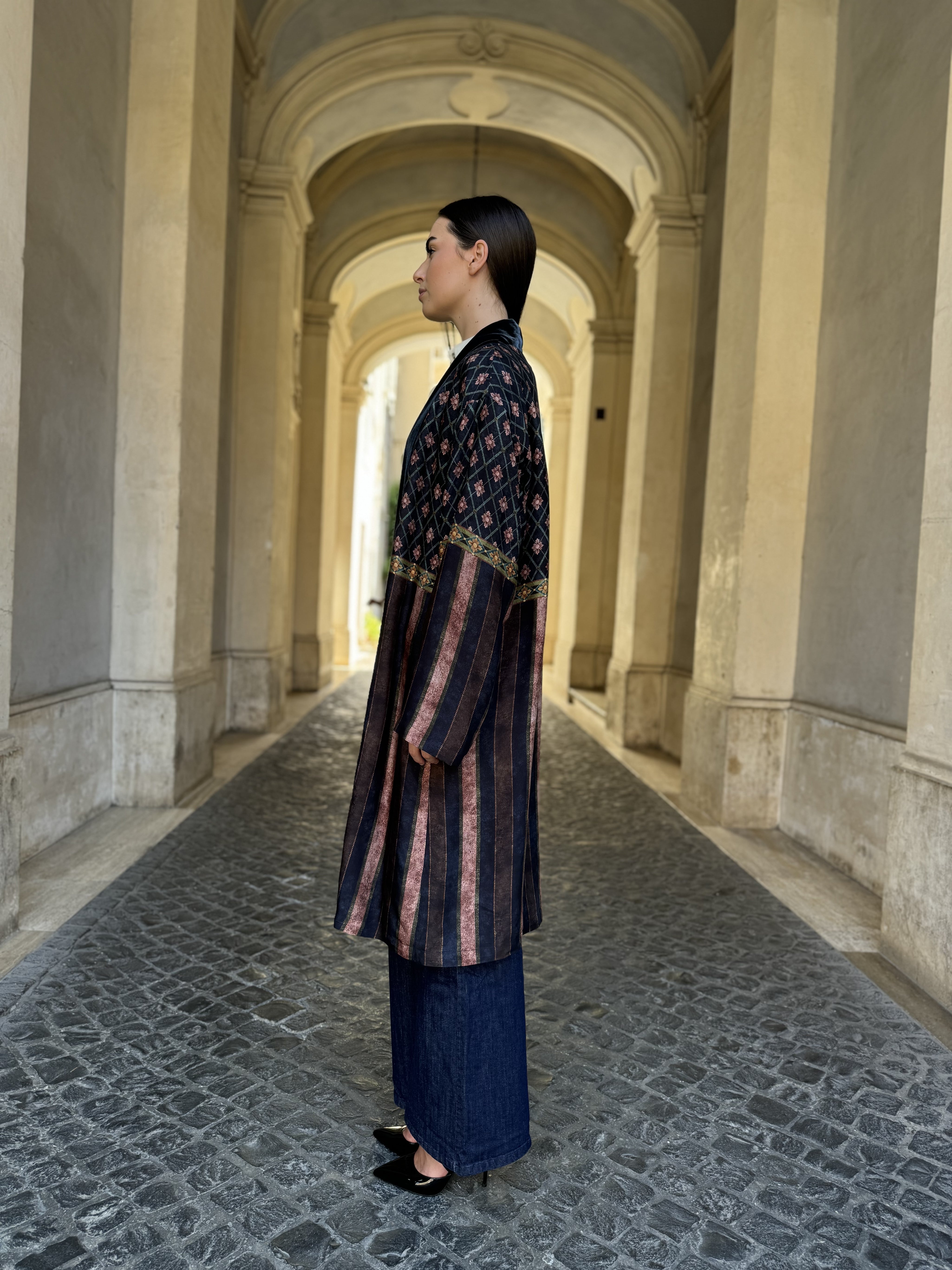 WU-SIDE - kimono fantasia inserto in velluto - BLUE