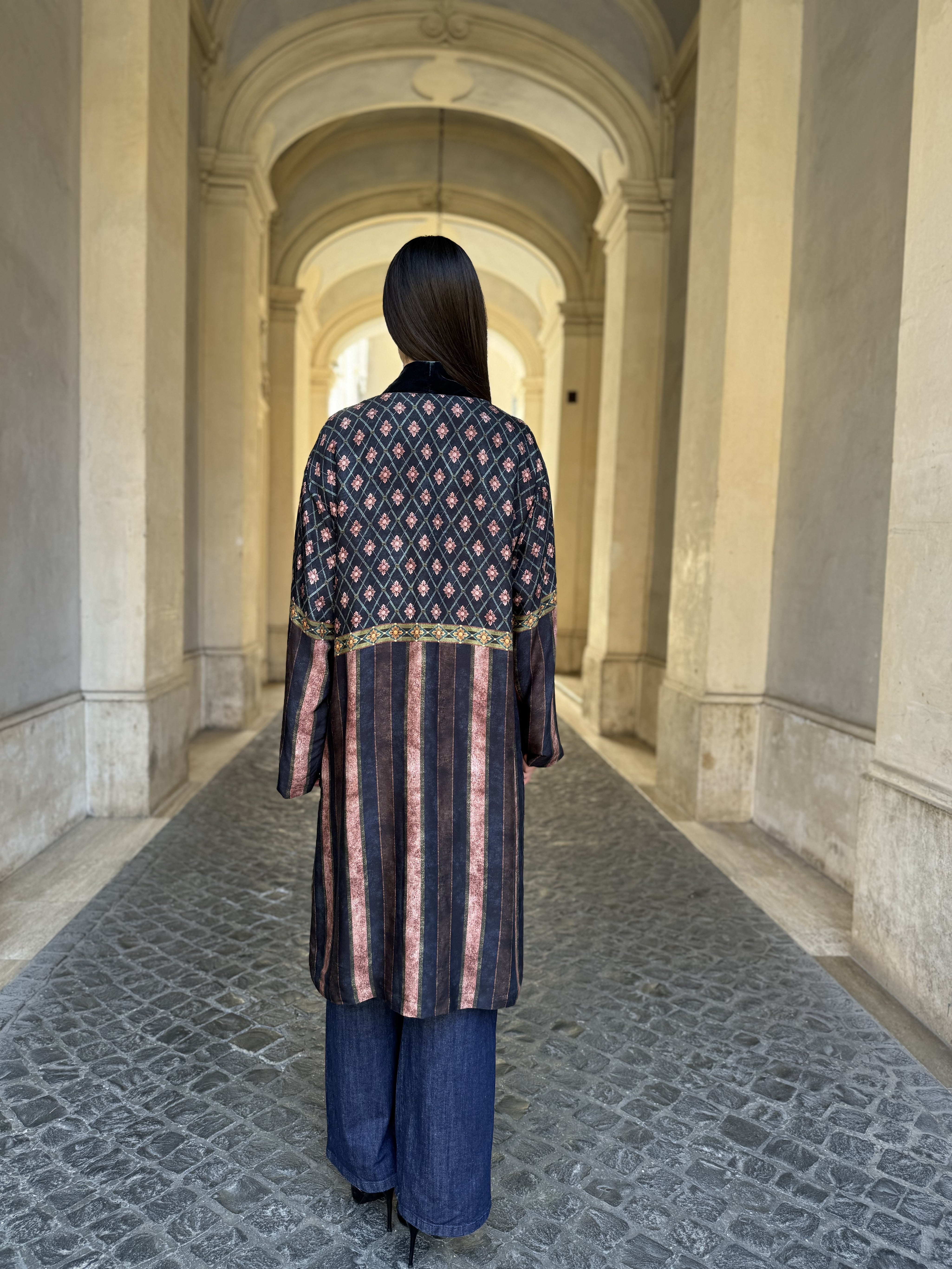 WU-SIDE - kimono fantasia inserto in velluto - BLUE