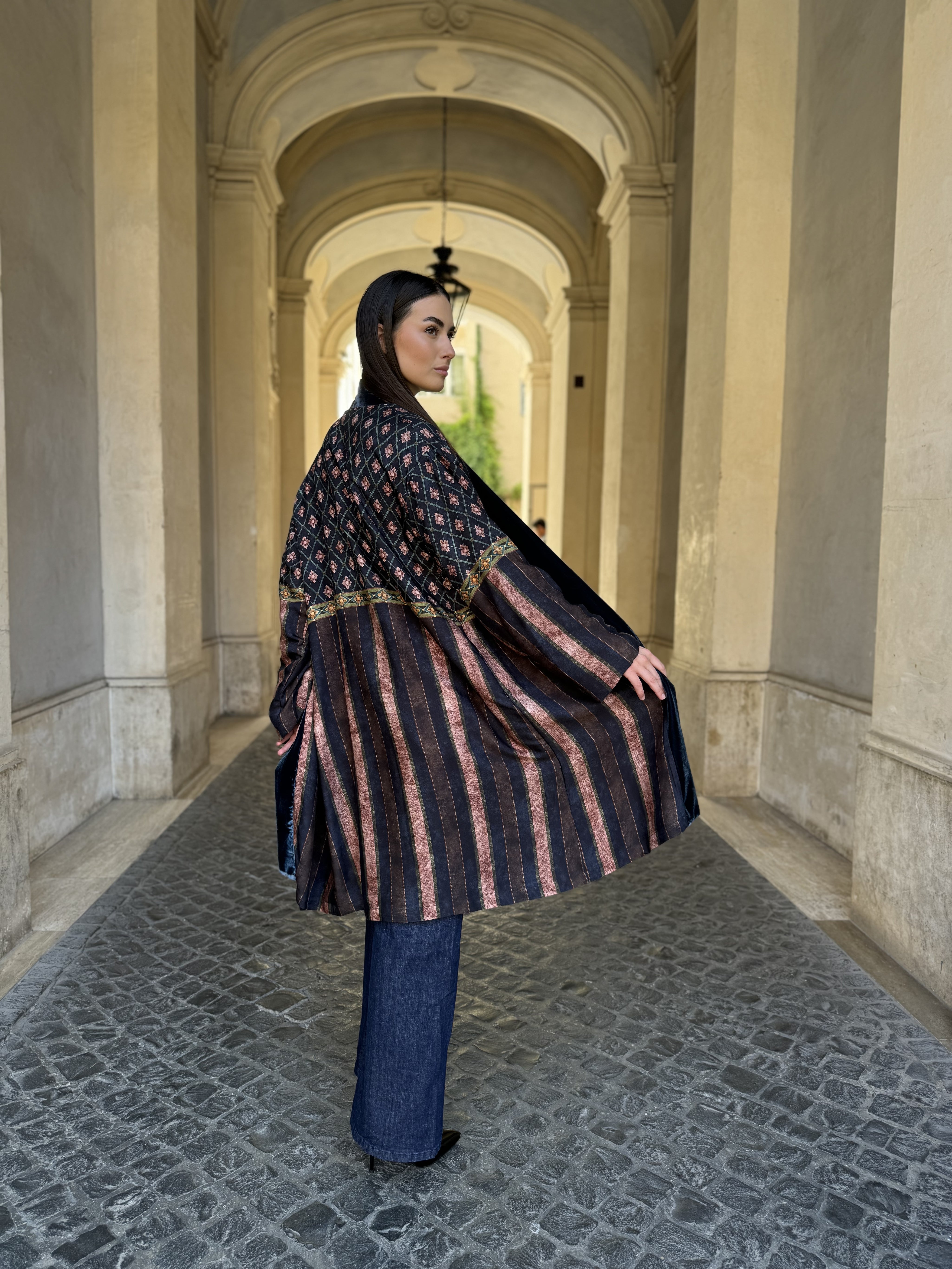 WU-SIDE - kimono fantasia inserto in velluto - BLUE