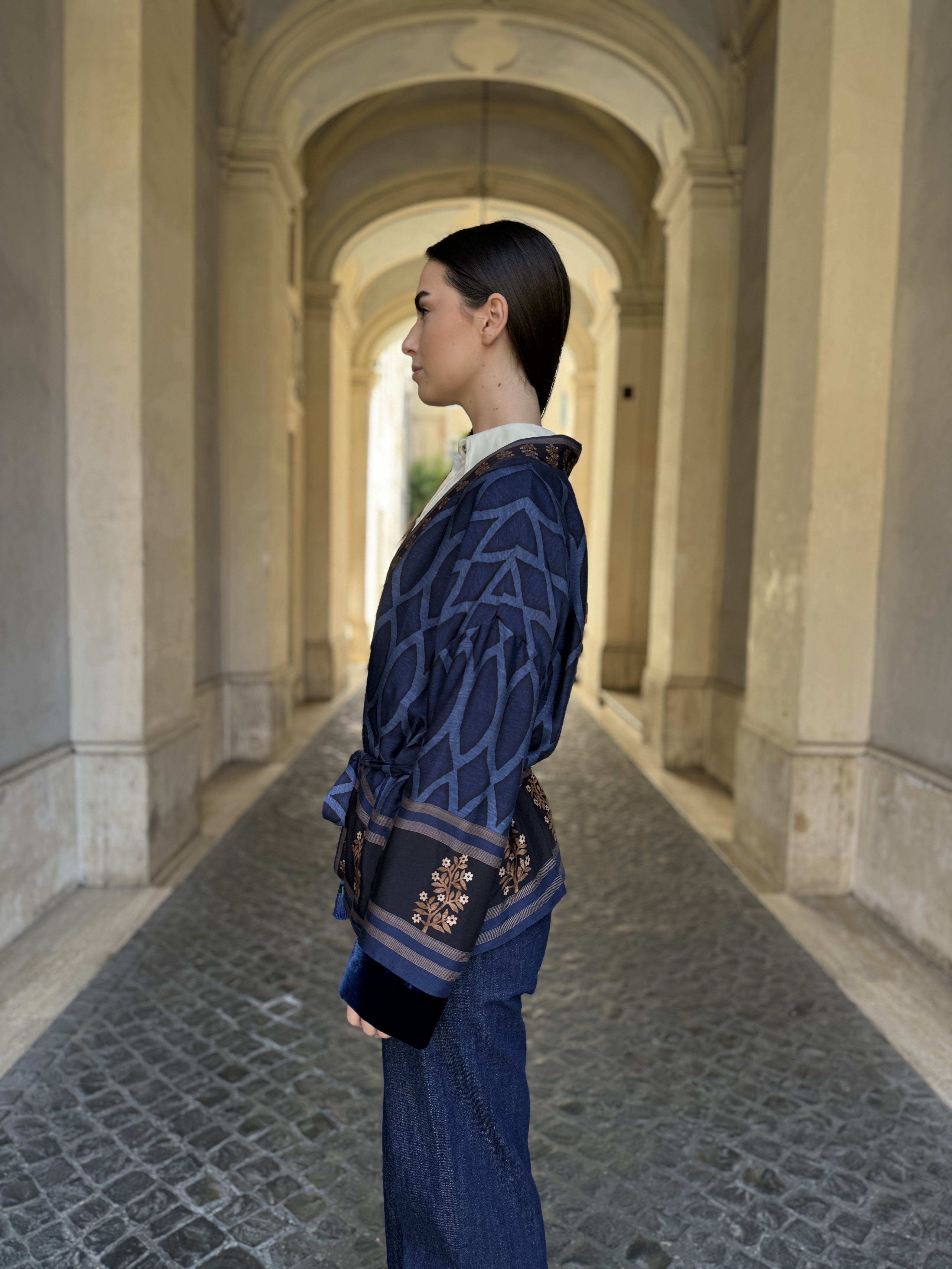 WU-SIDE - giacca kimono viscosa inserto velluto- BLUE
