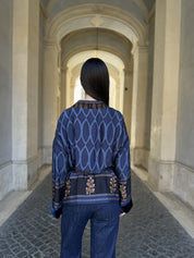 WU-SIDE - giacca kimono viscosa inserto velluto- BLUE