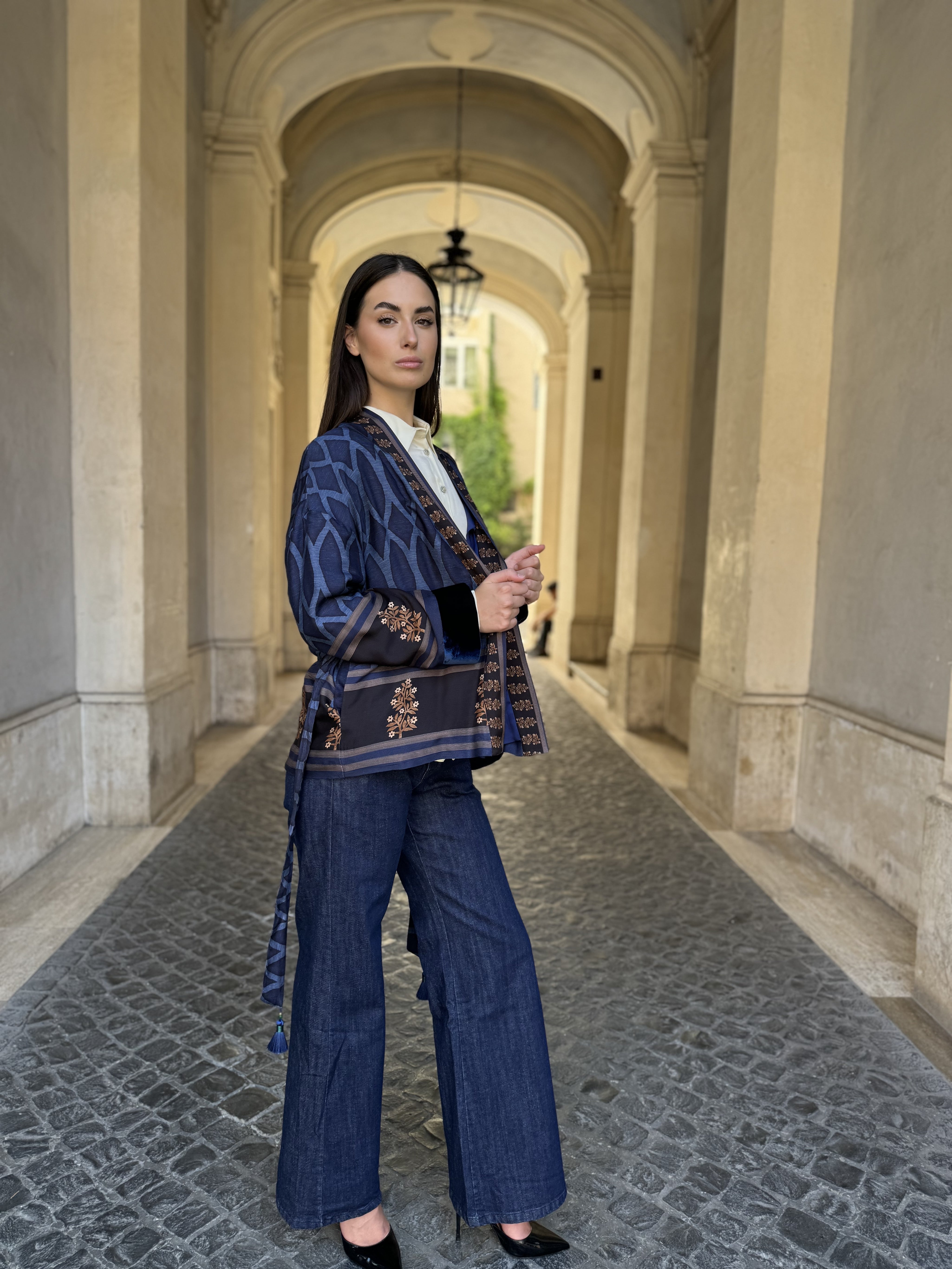 WU-SIDE - giacca kimono viscosa inserto velluto- BLUE