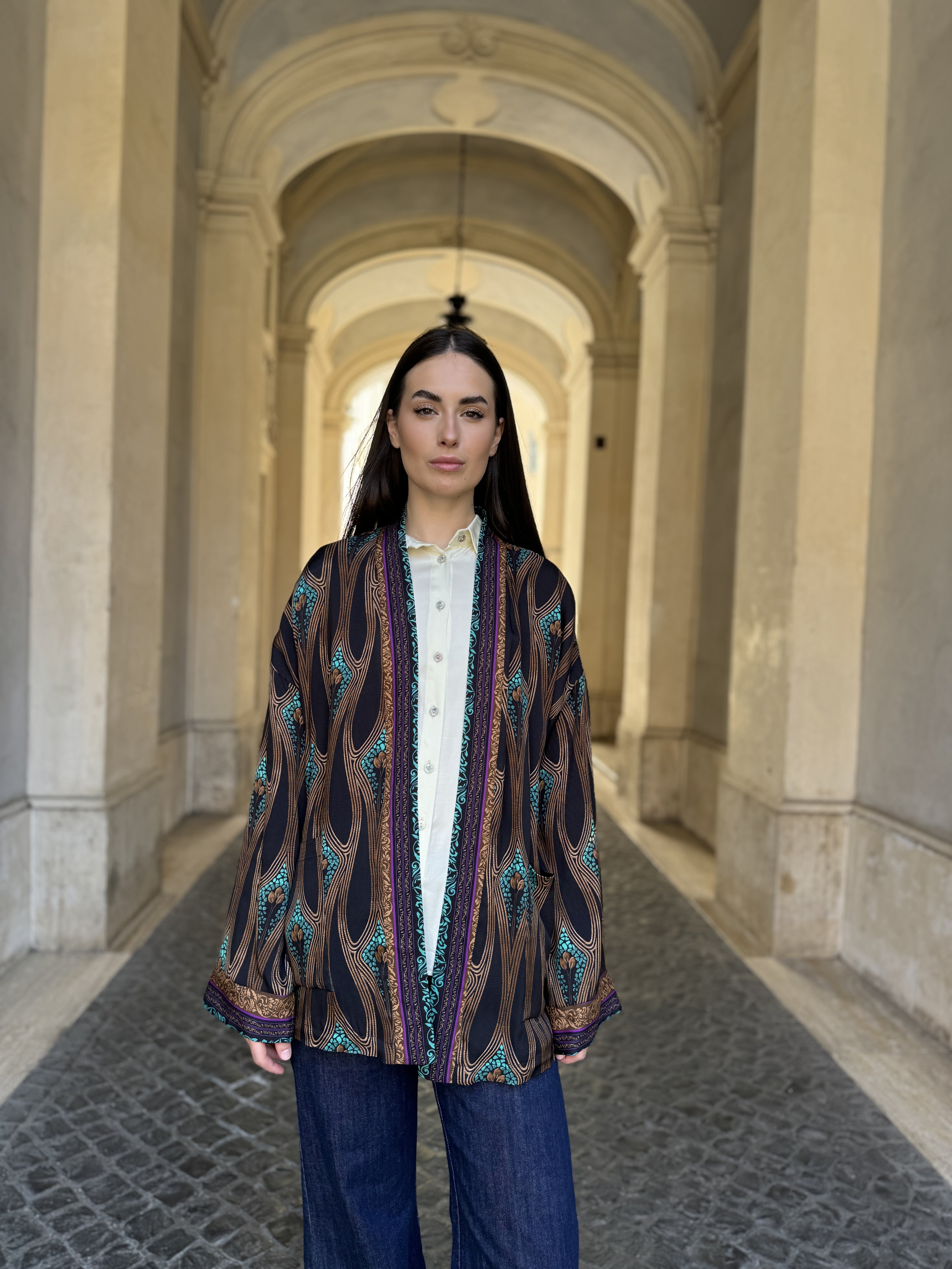 WU-SIDE - giacca kimono fantasia viscosa - NERO