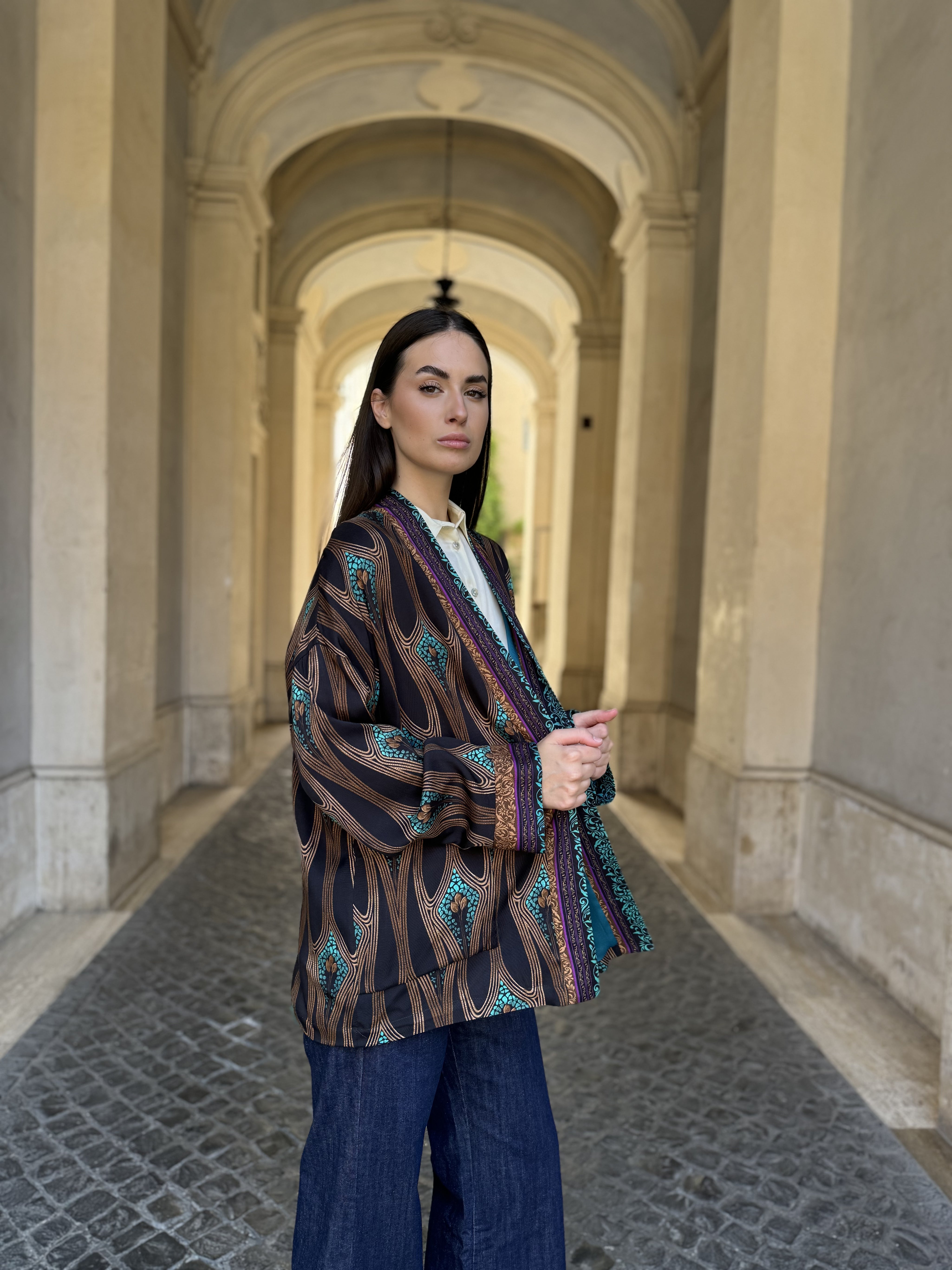 WU-SIDE - giacca kimono fantasia viscosa - NERO