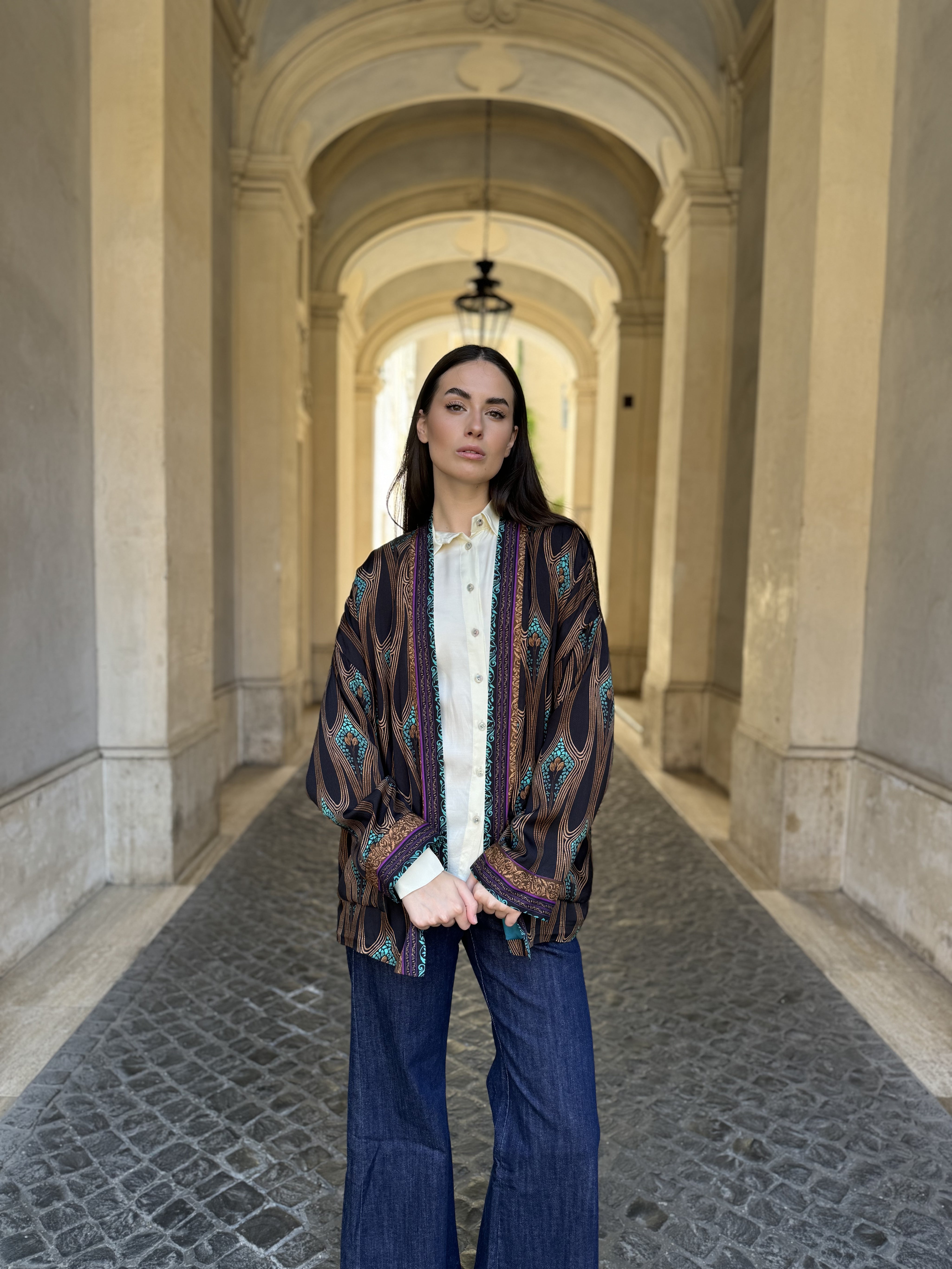 WU-SIDE - giacca kimono fantasia viscosa - NERO