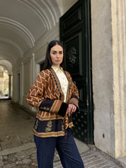 WU-SIDE - giacca kimono viscosa inserti velluto - MARRONE