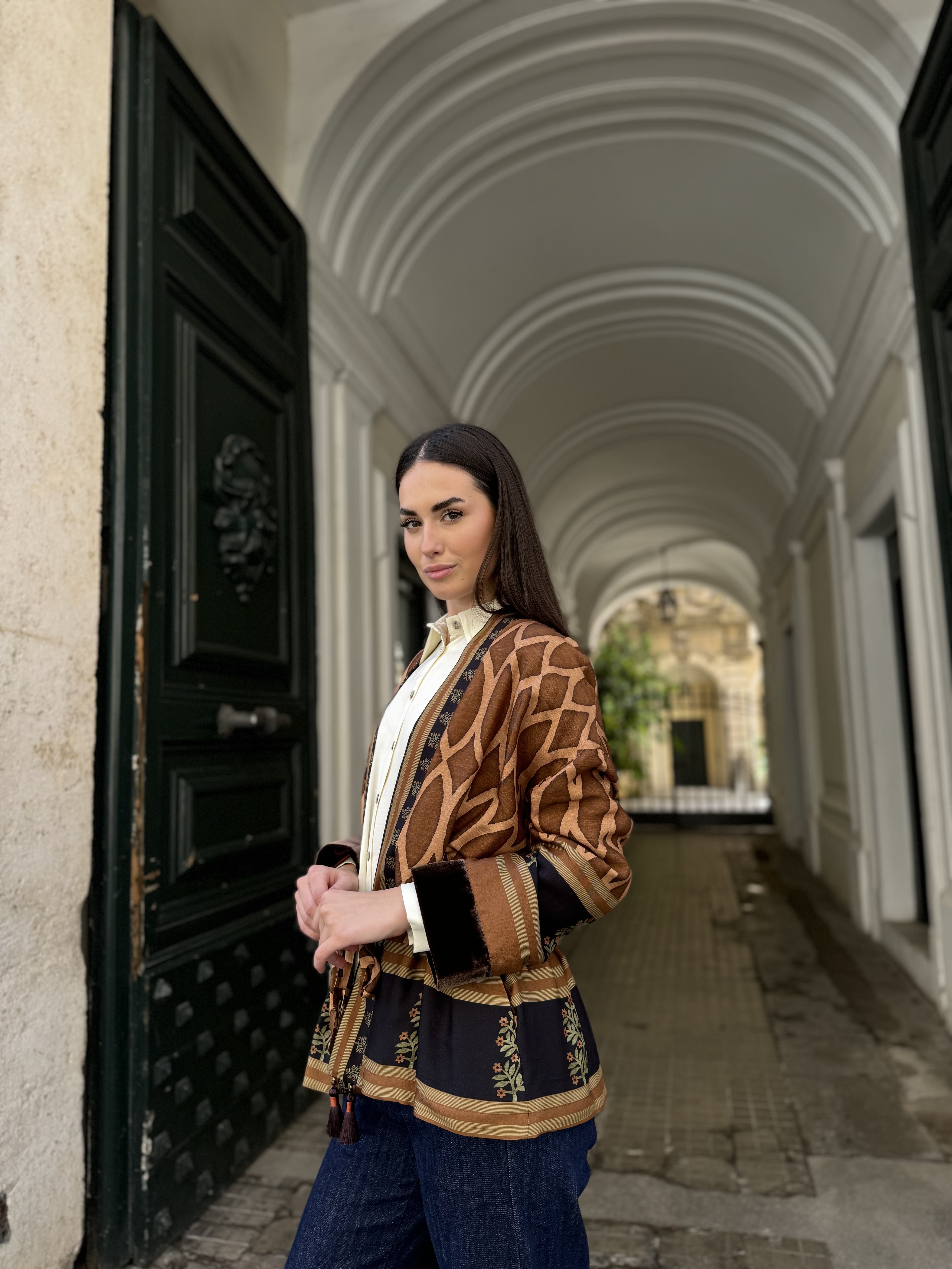 WU-SIDE - giacca kimono viscosa inserti velluto - MARRONE