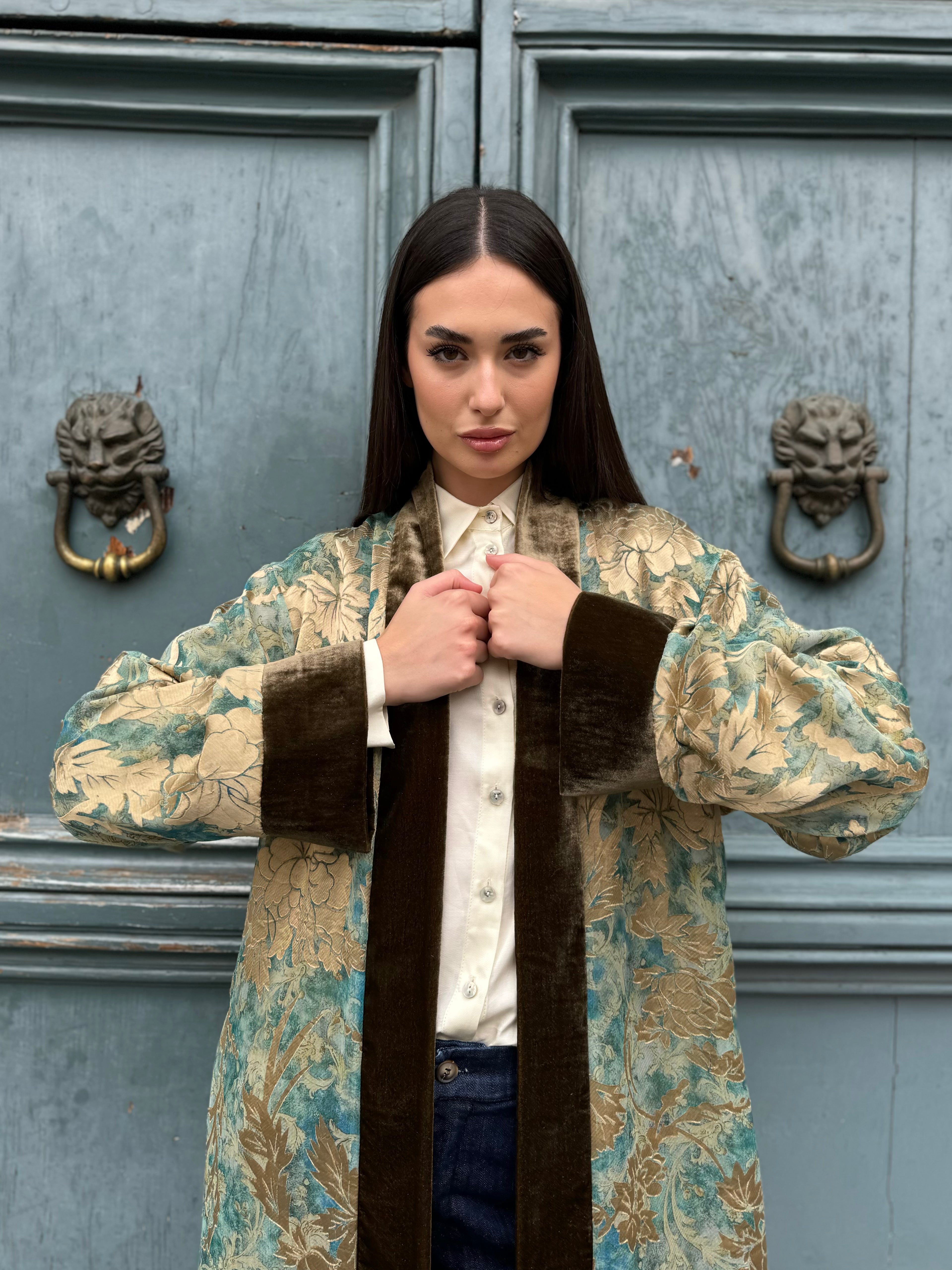 WU-SIDE - kimono jacquard bordi velluto - GOLDEN