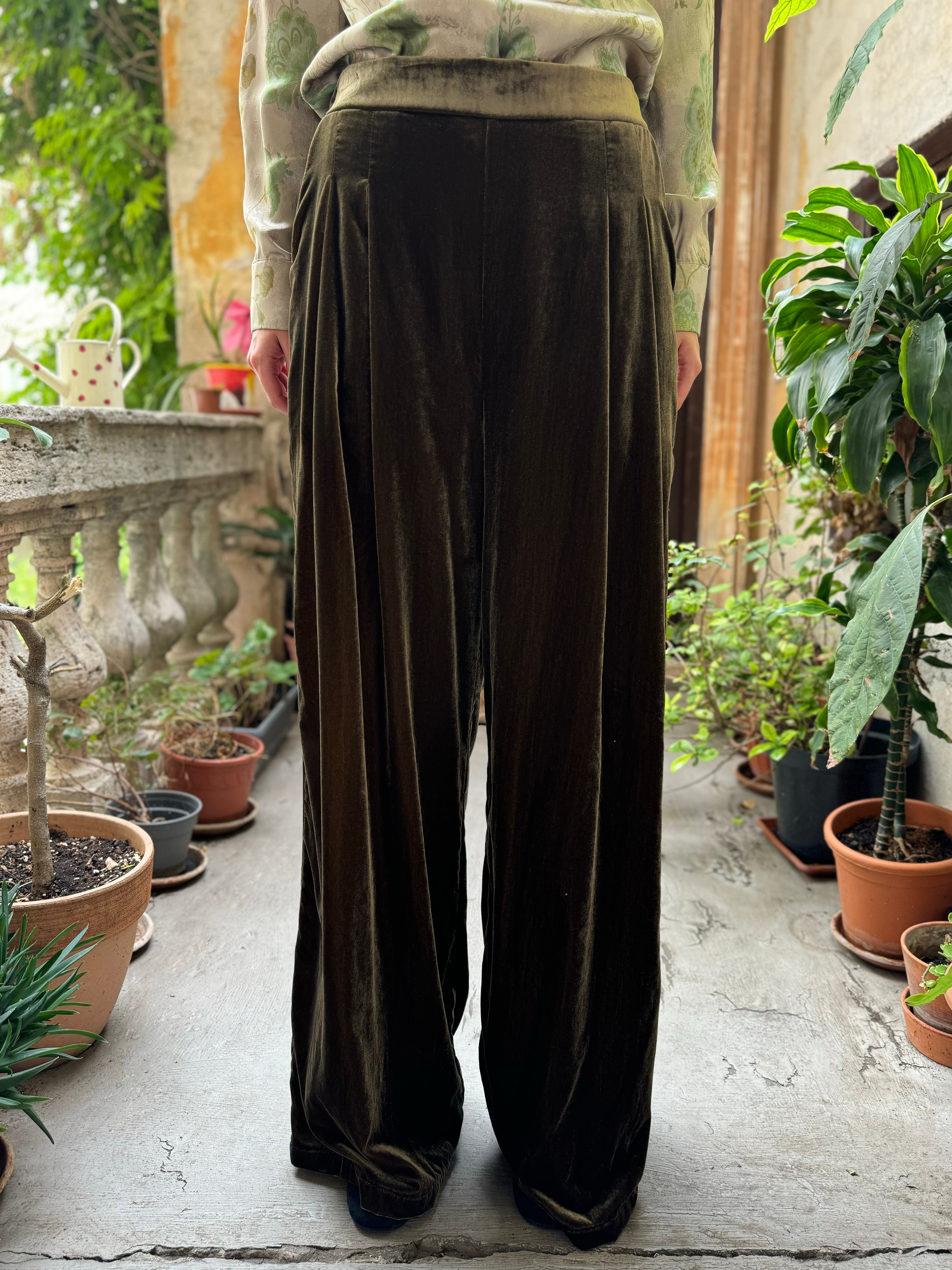 WU-SIDE - pantalone velluto palazzo - OLIO