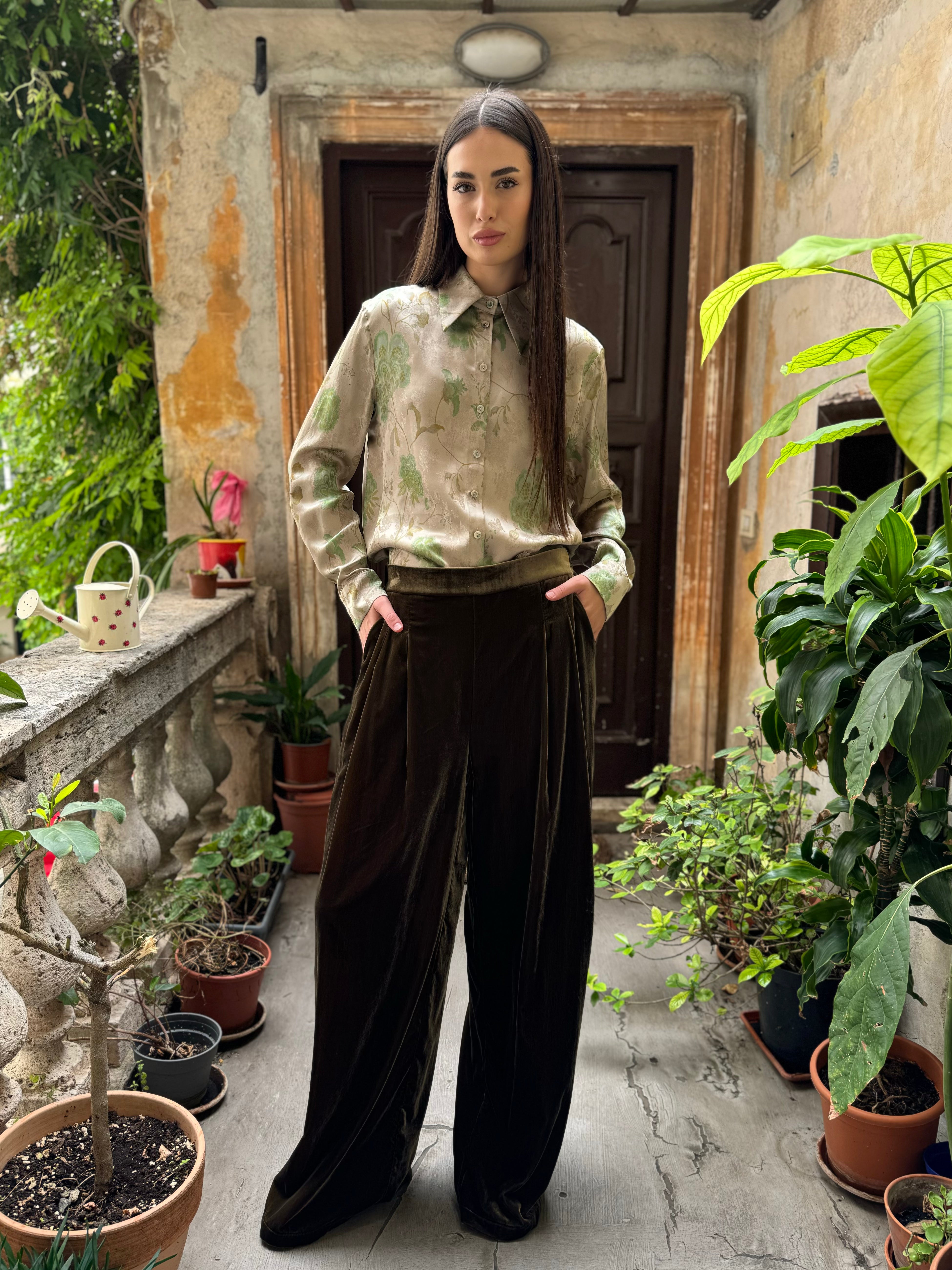 WU-SIDE - pantalone velluto palazzo - OLIO