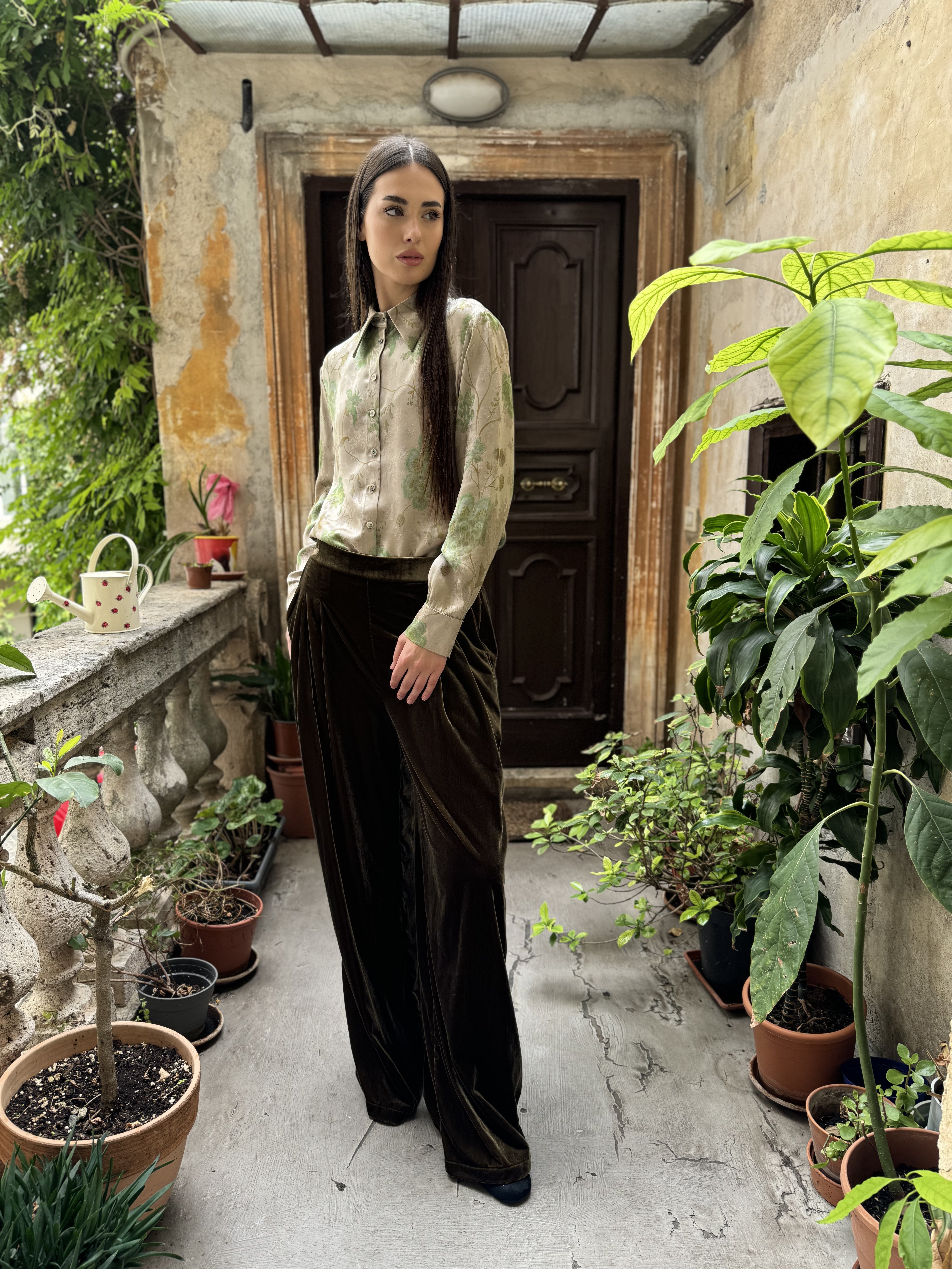 WU-SIDE - pantalone velluto palazzo - OLIO