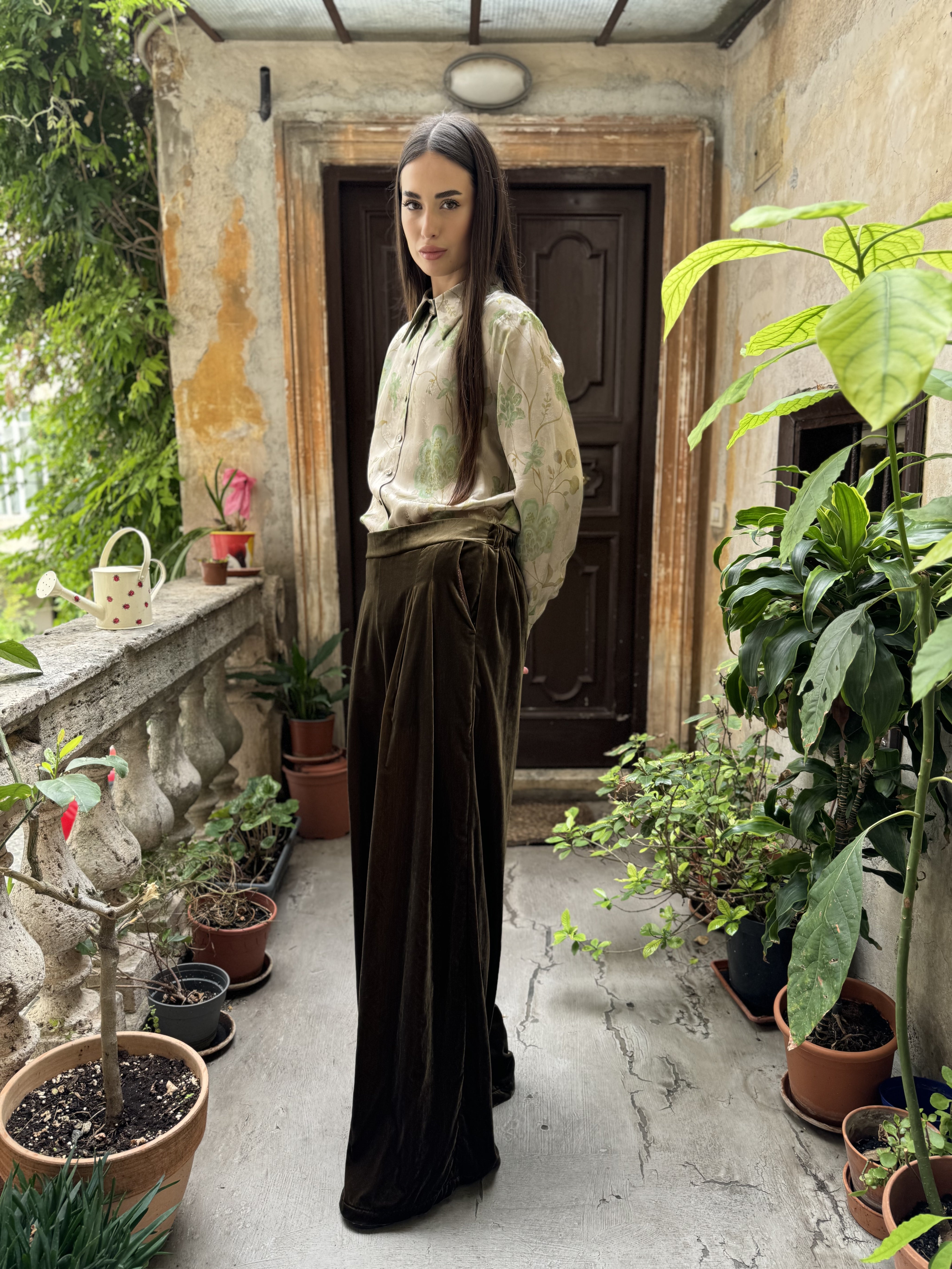 WU-SIDE - pantalone velluto palazzo - OLIO