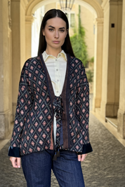 WU-SIDE - giacca kimono fantasia inserto velluto - BLUE