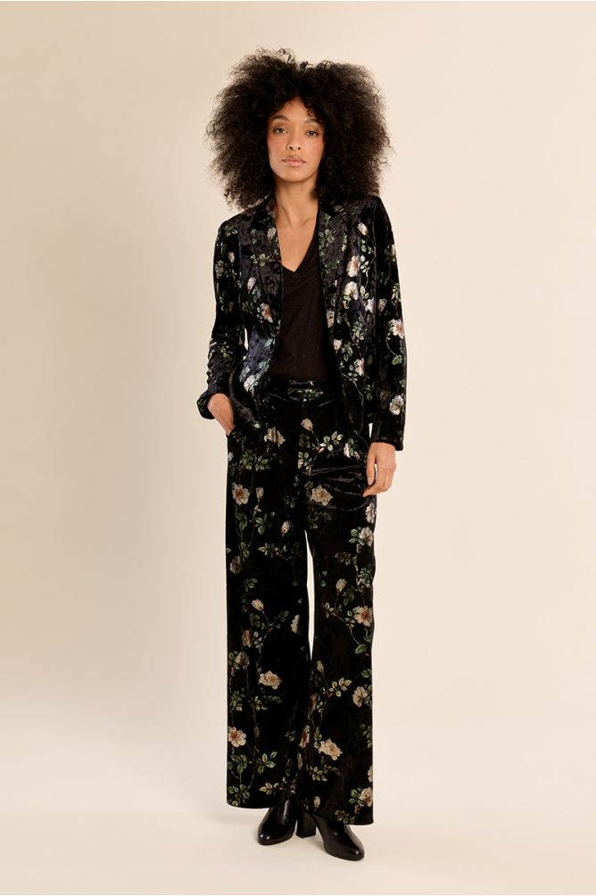 MOLLY BRACKEN - floral velvet trousers - BLACK