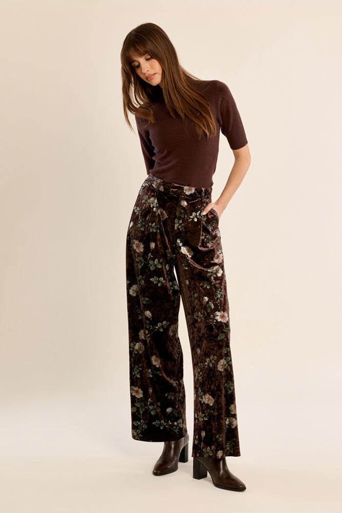 MOLLY BRACKEN - floral velvet trousers - BROWN