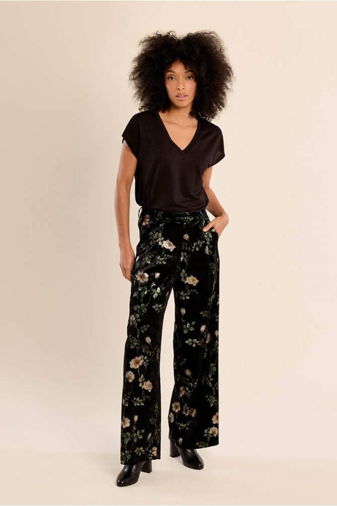 MOLLY BRACKEN - floral velvet trousers - BLACK