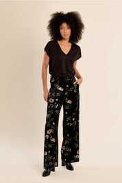 MOLLY BRACKEN - floral velvet trousers - BLACK