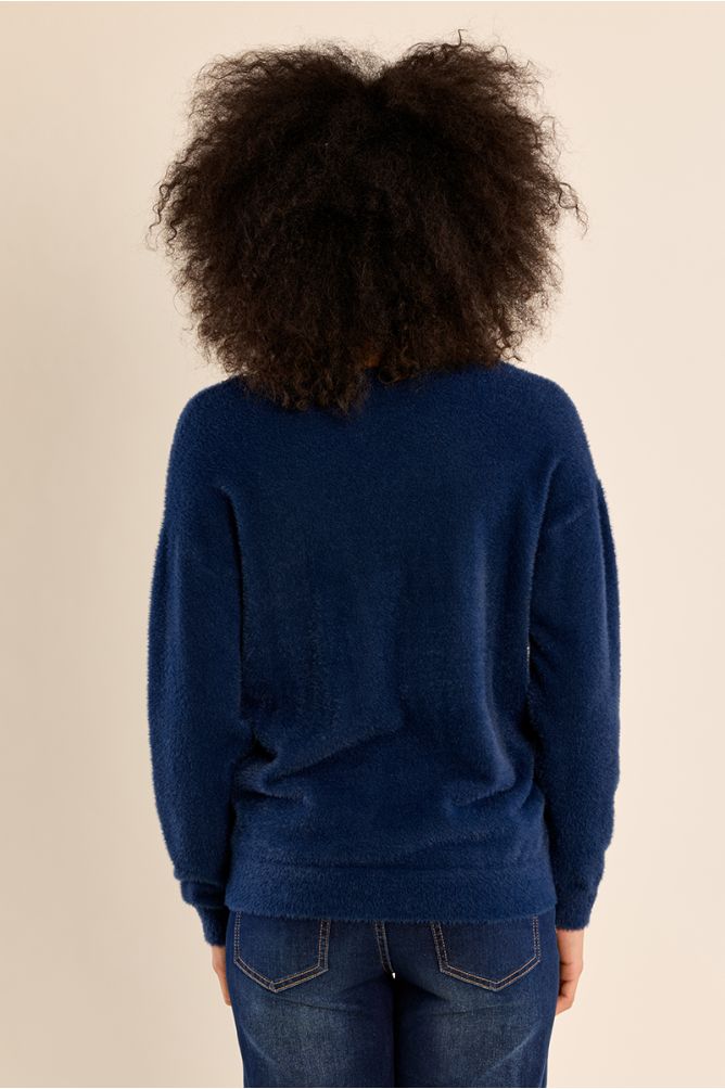 MOLLY BRACKEN - fluffy sweater, V-neck - DENIM BLUE
