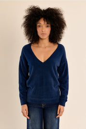 MOLLY BRACKEN - fluffy sweater, V-neck - DENIM BLUE