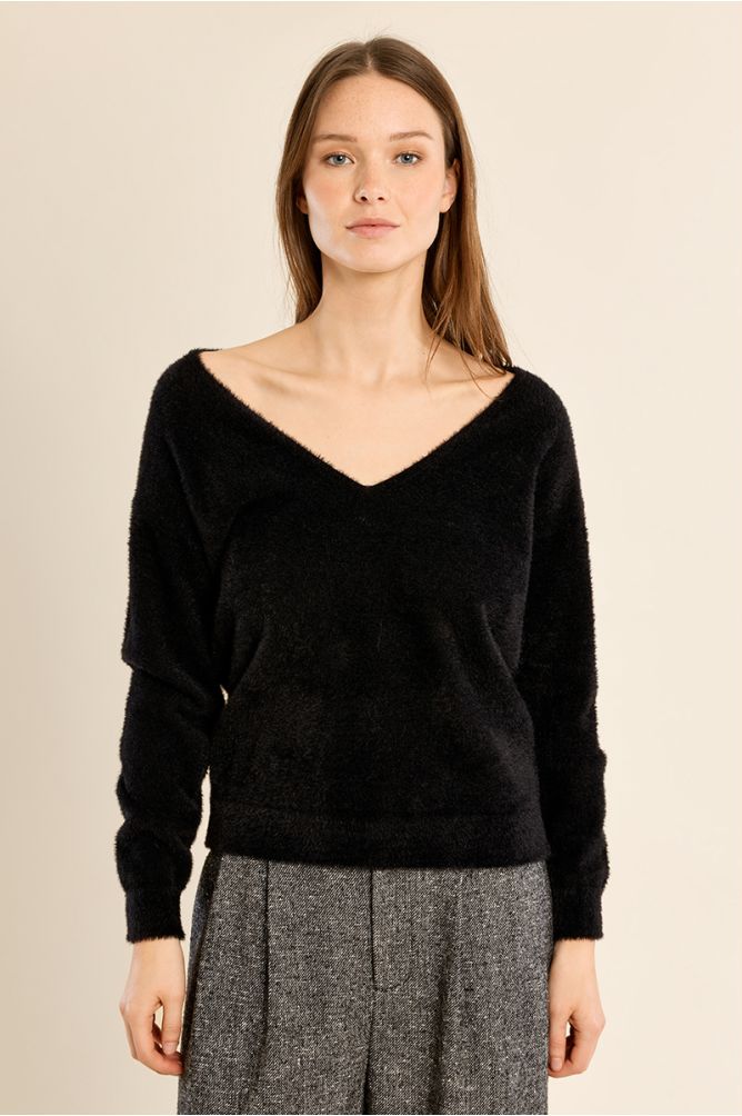 MOLLY BRACKEN - fluffy sweater, V-neck - BLACK