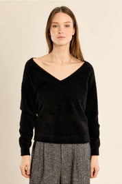 MOLLY BRACKEN - fluffy sweater, V-neck - BLACK
