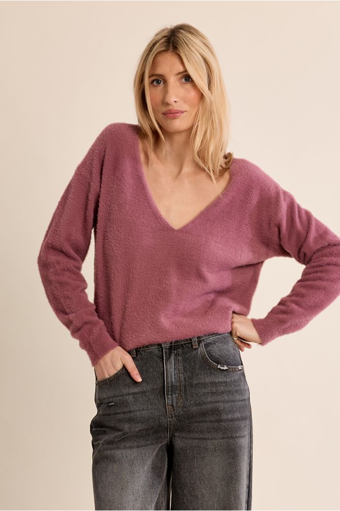 MOLLY BRACKEN - fluffy sweater, V-neck - MAUVE