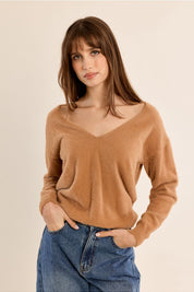 MOLLY BRACKEN - fluffy sweater, V-neck - CAMEL