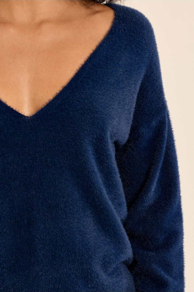 MOLLY BRACKEN - fluffy sweater, V-neck - DENIM BLUE