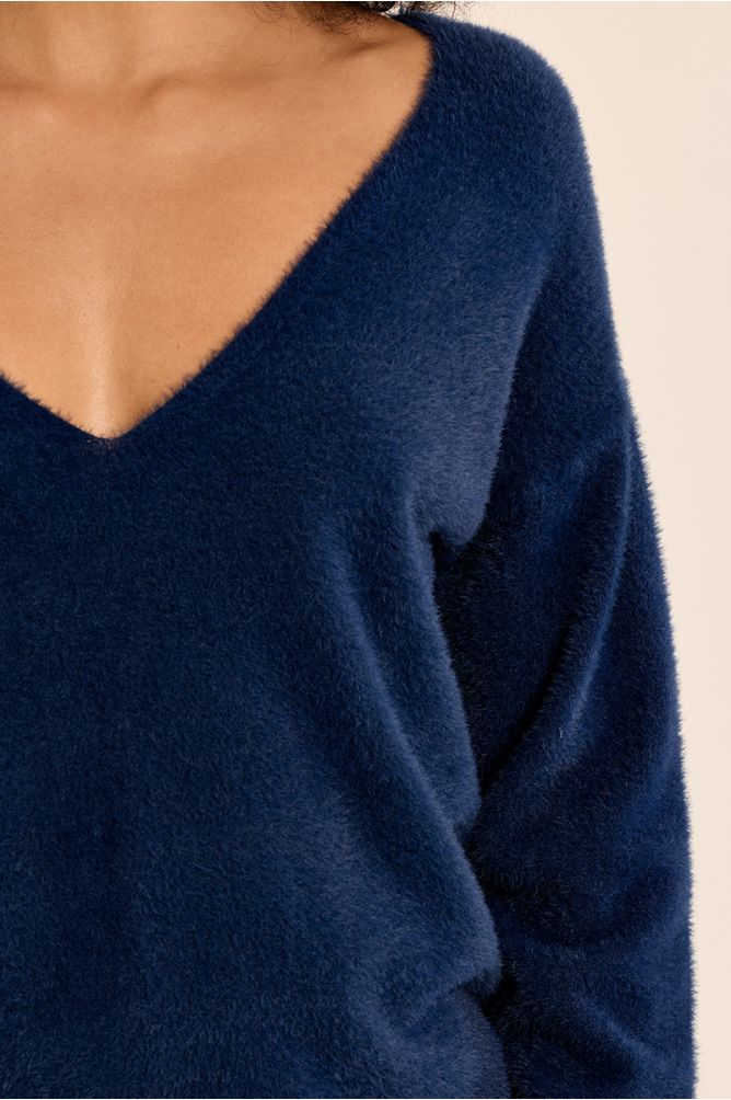 MOLLY BRACKEN - fluffy sweater, V-neck - DENIM BLUE