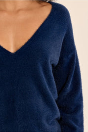 MOLLY BRACKEN - fluffy sweater, V-neck - DENIM BLUE