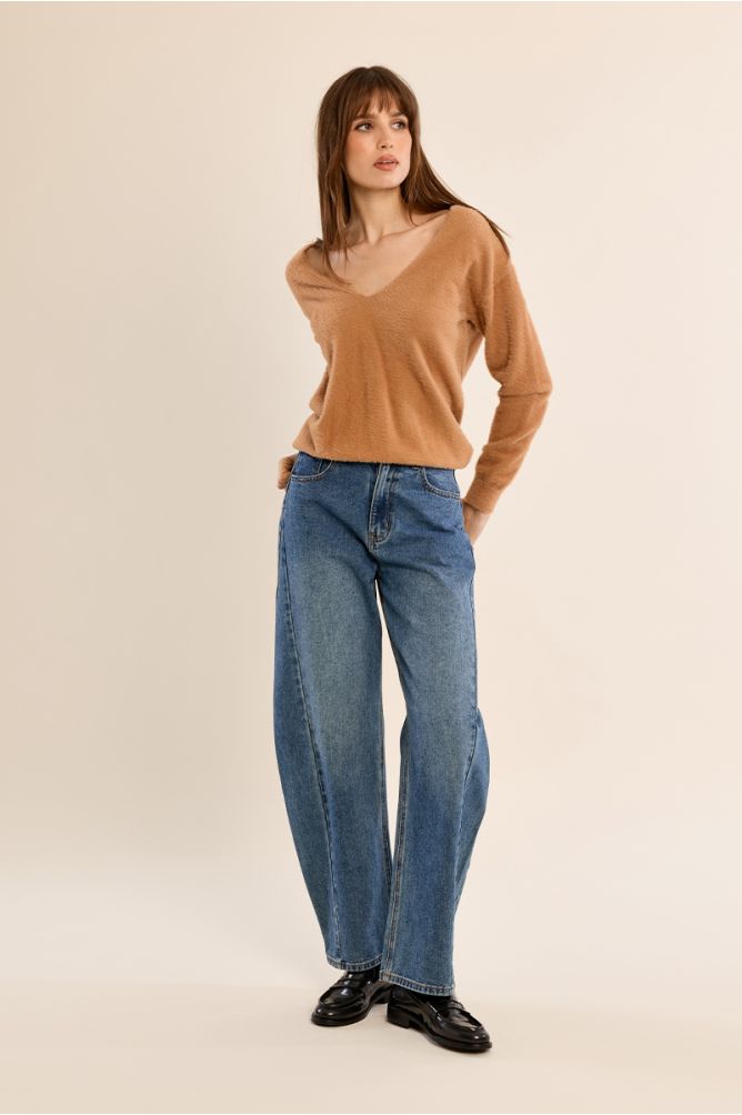 MOLLY BRACKEN - fluffy sweater, V-neck - CAMEL