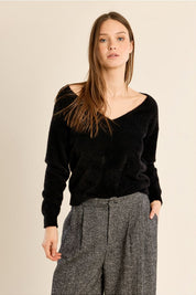 MOLLY BRACKEN - fluffy sweater, V-neck - BLACK