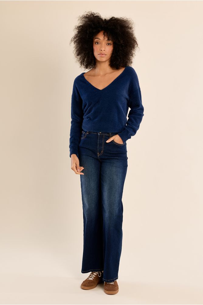 MOLLY BRACKEN - fluffy sweater, V-neck - DENIM BLUE