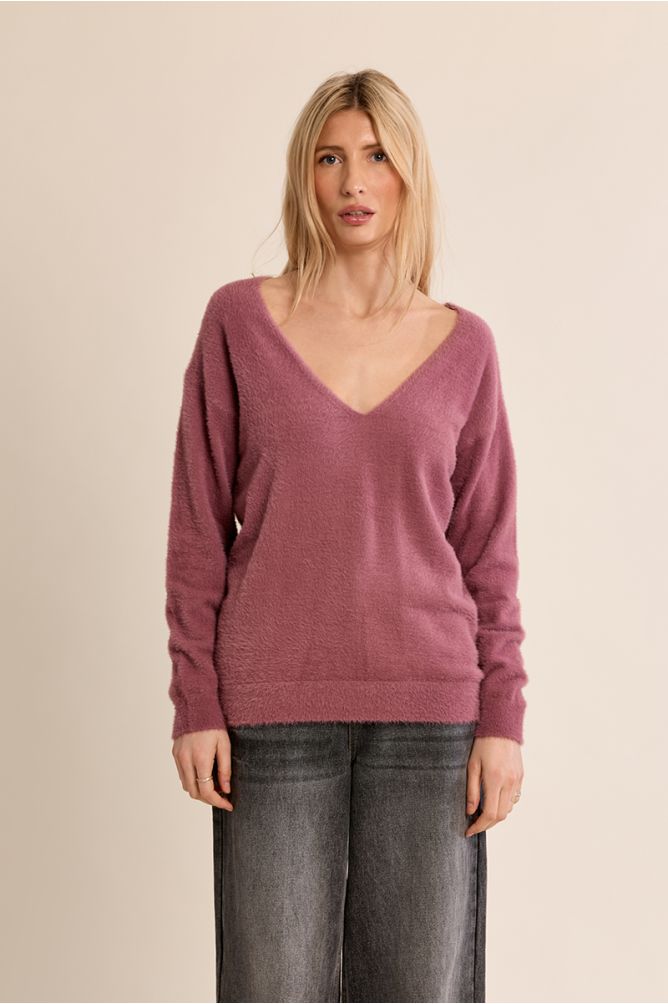 MOLLY BRACKEN - fluffy sweater, V-neck - MAUVE
