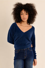 MOLLY BRACKEN - fluffy sweater, V-neck - DENIM BLUE